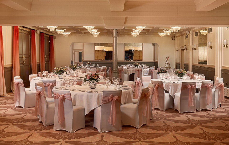 The Coach Room at Bedford Swan Hotel laid out for the wedding breakfast